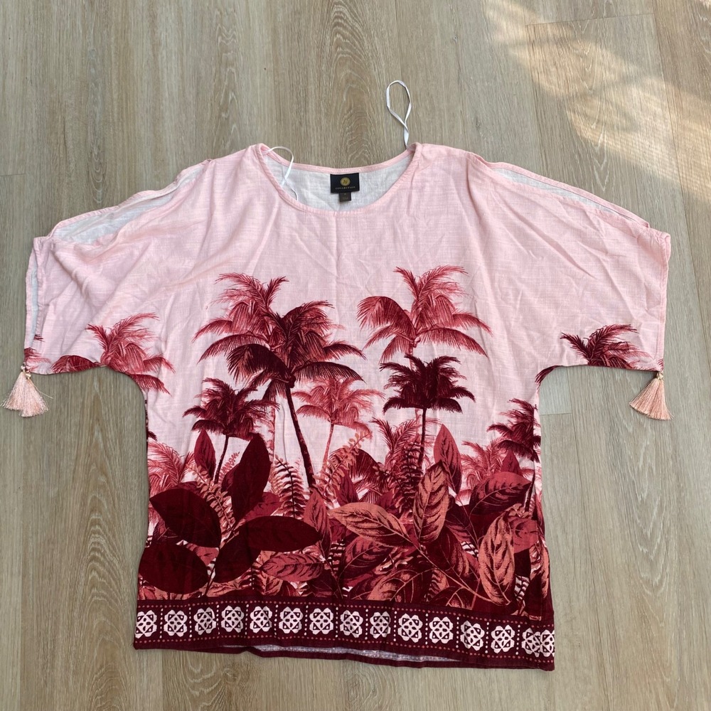 JM Collection Pink Palm Tree Print Cold Shoulder Tassel Top Rayon Linen Medium